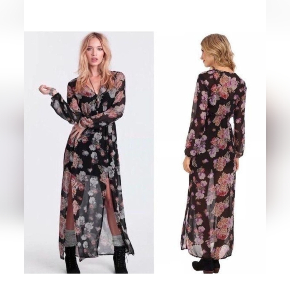 MinkPink Women's Floral Maxi Sheer Dress Black Long Sleeve Split Hem Size M - Picture 2 of 10
